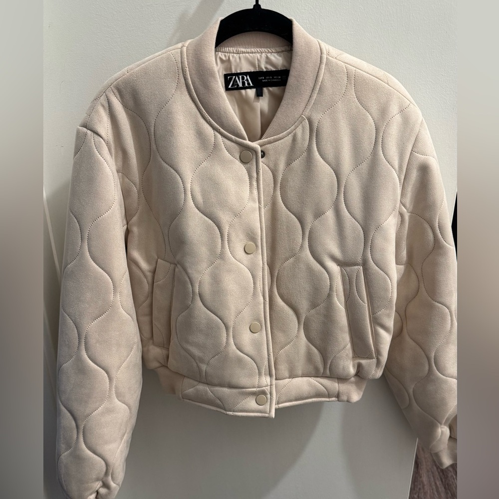 Zara Beige Quilted Bomber Jacket
